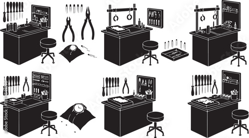 Jewelry making workstations with various tools and equipment