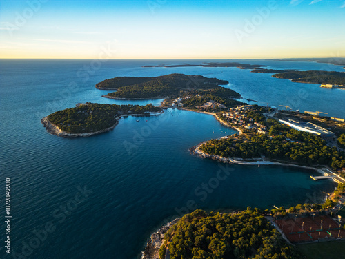 Pula coastline of islands in Croatia - aerial drone view