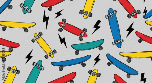 Energetic Skateboard Pattern with Lightning Bolts - Vibrant Youth Culture Background.