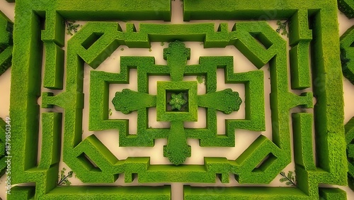 boxwood. Aerial view of a formal garden with symmetrical patterns of boxwood hedges. travel magazines, destination branding, designed for travel destination branding, elevates destination branding.