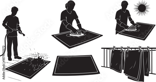 Man cleaning and washing a carpet with a hose