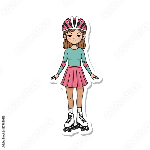 A cartoon illustration of a girl wearing a pink helmet, turquoise shirt, pink skirt, and roller skates on a white background with a playful and youthful mood.