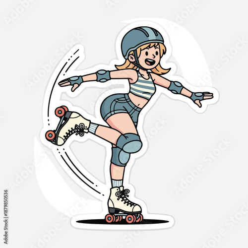 A cartoon illustration of a young girl rollerblading in a dynamic pose, wearing protective gear and a blue helmet on a white background with motion lines.
