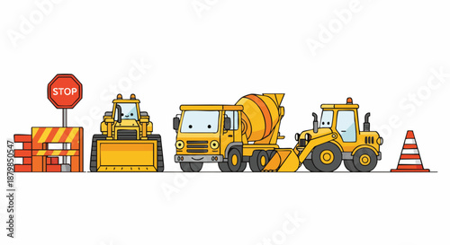 Friendly Construction Vehicles and Safety Barrier, Cement Mixer, Loader, Backhoe with Stop Sign and Cone.