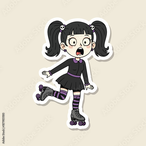 A cartoon sticker of a surprised young girl with pigtails wearing roller skates and a black outfit on a beige background.