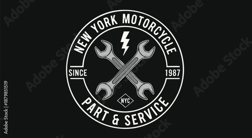 New York Motorcycle Part & Service Vintage Emblem - Retro Garage Logo with Tools.