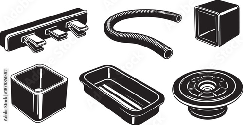 Plumbing fixtures and parts in black and white illustration