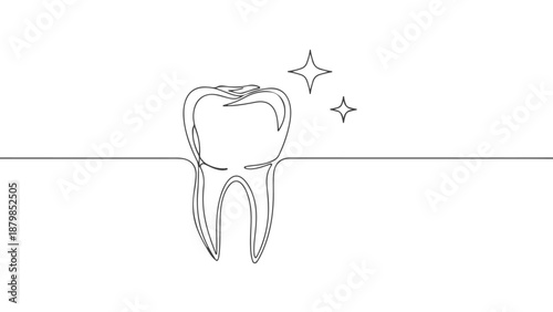 One line art continuous drawing of a healthy tooth with sparkles representing dental care and hygiene