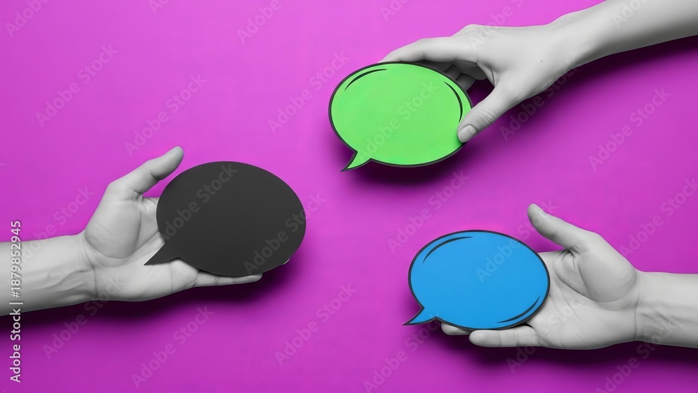 Obraz premium Hands holding colorful speech bubbles on vibrant pink background 