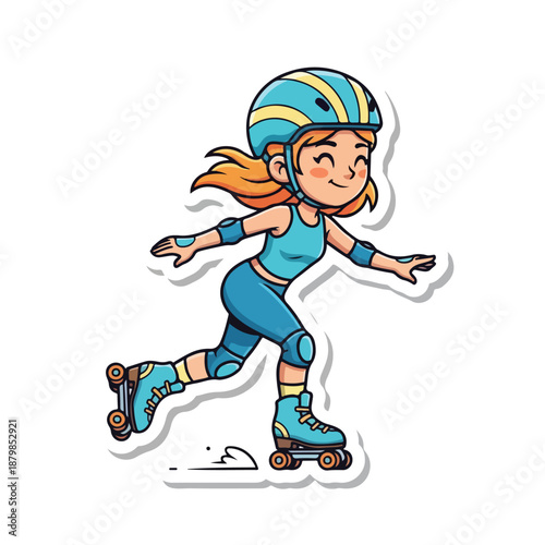 A cartoon illustration of a girl wearing a blue helmet and protective gear while rollerblading on a white background with a playful mood.
