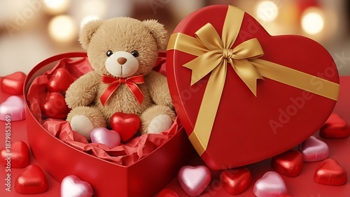 Teddy bear sitting in heart shaped gift box surrounded by valentine's day hearts and decorations