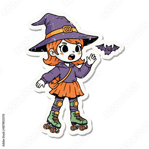 A cartoon illustration of a little girl in a purple witch hat and orange skirt on roller skates with a bat, on a white background with a playful and spooky mood.