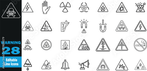 Warning  icon set .Warning Triangle, Danger Skull, Exclamation Mark, Radiation Symbol, Biohazard Sign, Prohibition Circle, Flammable, High Voltage, Toxic Warning, Stop Hand  .Vector illustration