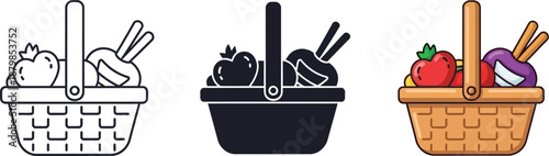 Illustration of three baskets with various food items in different colors and styles on white background