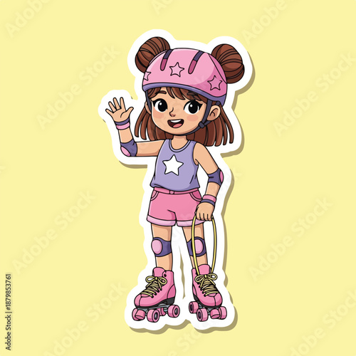 A cartoon illustration of a cheerful young girl wearing roller skates and protective gear waving her hand in a friendly gesture against a bright yellow background with a playful and