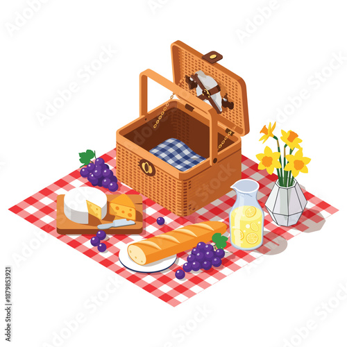 Isometric picnic scene with open wicker basket, checkered blanket, gourmet cheese, fresh grapes, baguette, lemonade, and daffodils, perfect for outdoor summer leisure.