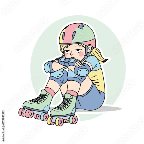 A cartoon girl sitting on roller skates with protective gear looking worried in a pastel green circle on a white background.