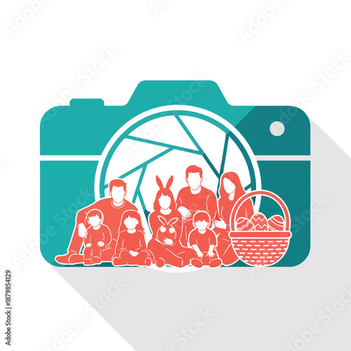 Family photo session with Easter basket and camera icon, illustration of happy family moments and spring holiday celebration