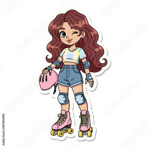 A cartoon illustration of a young girl wearing roller skates and protective gear, holding a pink helmet, with a white background and vibrant colors.