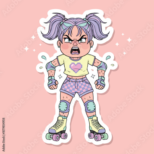 Cartoon illustration of an angry young girl wearing roller skates and protective gear on a pink background with a white outline.