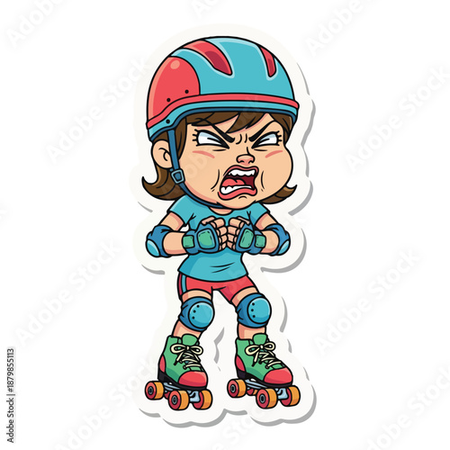 Cartoon illustration of an angry young girl wearing roller skates and protective gear with a white background.