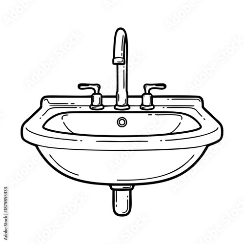Hand drawn sketch of a bathroom sink with faucet and taps