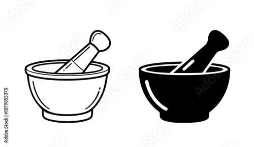 Mortar and pestle icons set, outline and solid style