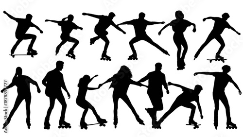 Dynamic silhouettes showcasing individuals enjoying skateboarding and roller skating sports