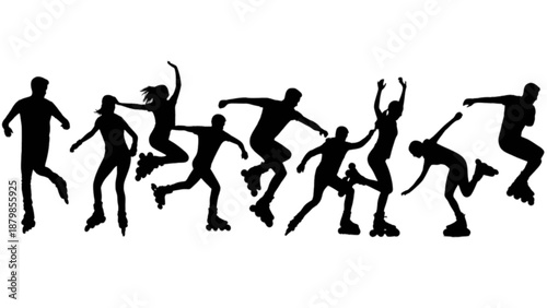 Dynamic silhouettes of people rollerblading and inline skating in various action poses