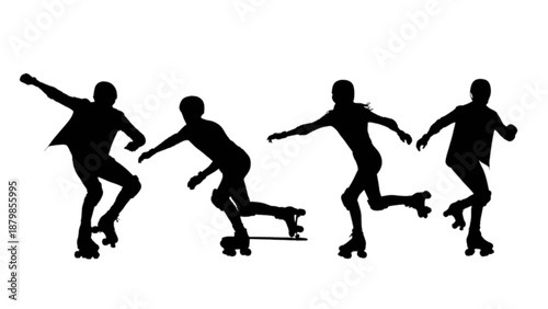 Dynamic silhouettes of roller skaters in various action poses on a white background