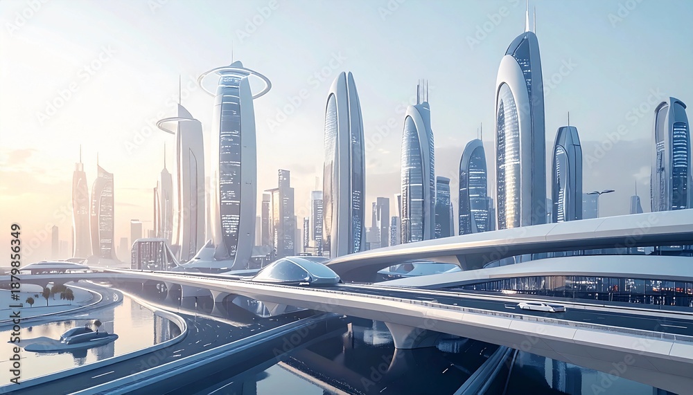 Fototapeta premium Futuristic smart city with advanced highways and high-tech architecture. Concept of smart city, sustainable transportation, urban innovation. Includes space for logo, ideal for technology and business
