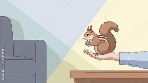 A hand gently holds a chipmunk nibbling on a blue object indoors