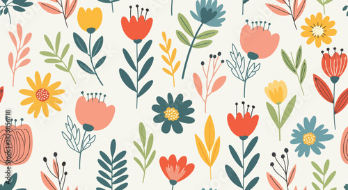 Seamless floral vector illustration of a spring garden featuring blooming tulips and green leaf ornaments in a vintage textile design for nature-inspired wallpaper