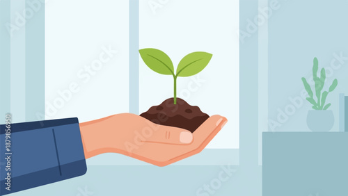 A hand holds a young plant growing from soil against a window backdrop