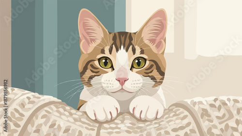 A domestic cat with striking green eyes peeks over a knitted blanket