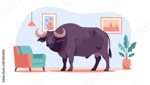 A domestic buffalo stands in a living room with furniture and art
