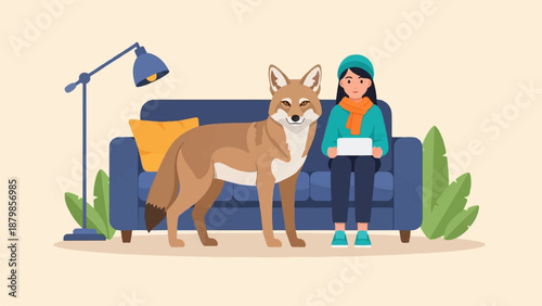 A domestic scene featuring a coyote standing next to a woman on a couch