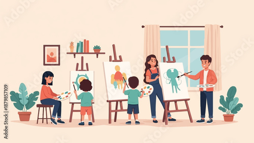 A family enjoys a creative painting session together indoors