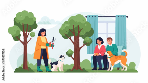 A family enjoys a day in their garden with two dogs, while one person prunes a tree