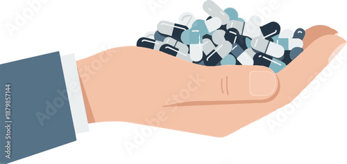 A hand wearing a suit sleeve holds a pile of assorted capsules