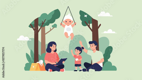 A family enjoys a picnic and playtime with their baby in a park setting