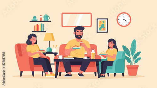 A family enjoys a meal together on the couch in their cozy living room