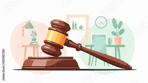 A gavel sits prominently in a stylized home office with plants and a clock