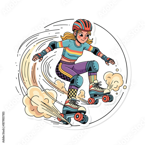 A cartoon illustration of a young girl rollerblading with motion lines and smoke trails on a white background.