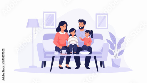 A family of four sits together on a sofa in a living room