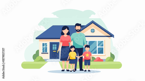 A family of four stands in front of their home, smiling cheerfully