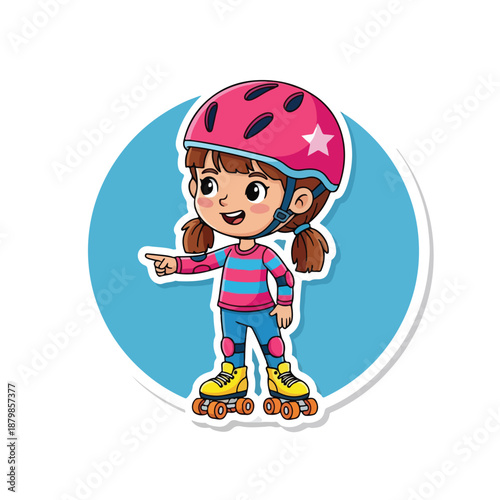 A cheerful cartoon girl wearing a pink helmet and roller skates pointing to the side against a blue circular background with a white outline.
