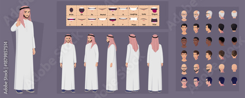 Handsome Arabic Man In Traditional Clothes Character Creation Set , Muslim Wearing White Thobe, Front, Side and Back view Multiple Races and Ethnicities, lip-Syncing, Expressions and Movable joints