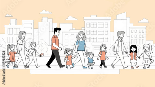 A family strolls through a city, surrounded by buildings and trees