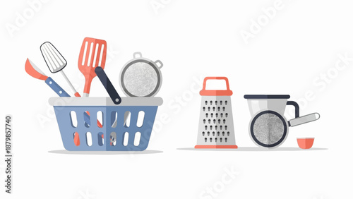 A blue basket with kitchen utensils, and separate grater and sieve